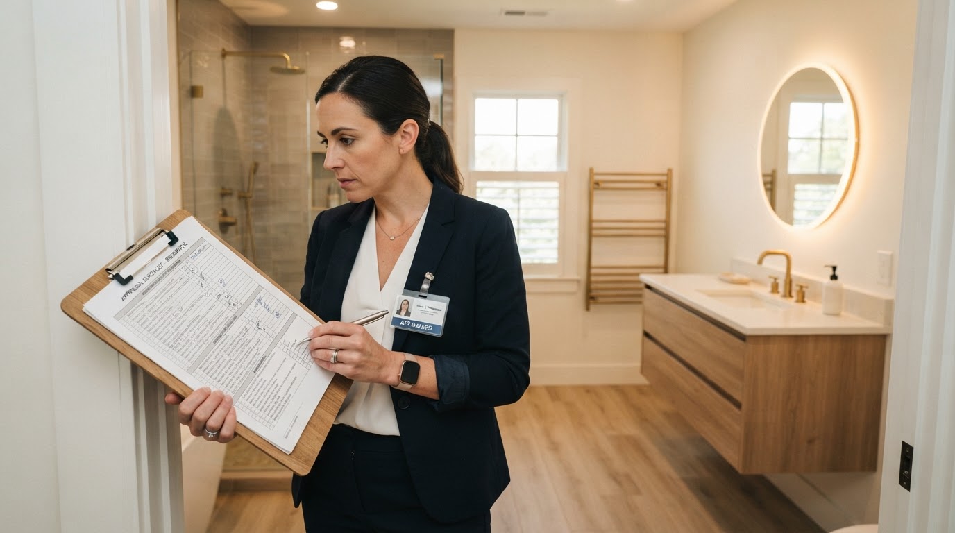 Homebuyer or appraiser reviewing a renovated bathroom in a Quad Cities home with a checklist