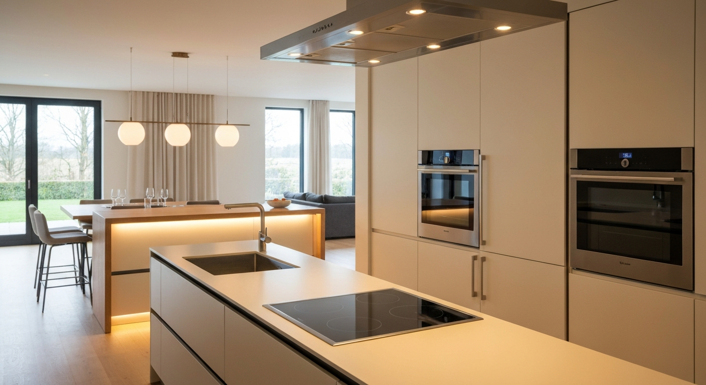 A sleek, energy-efficient modern kitchen with smart appliances
