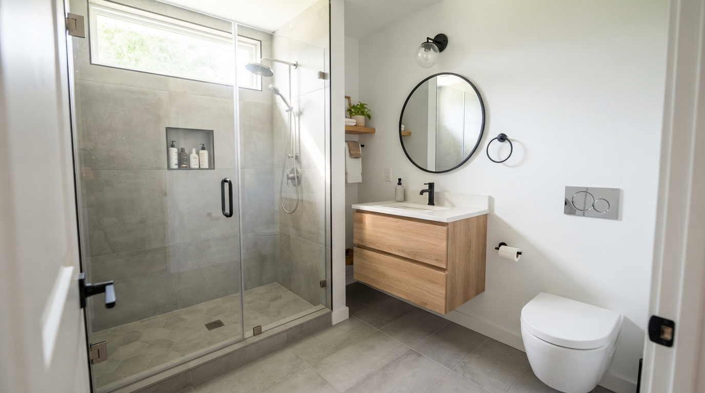 Small 5x8 bathroom remodel in a Quad Cities ranch home with walk-in shower and frameless glass