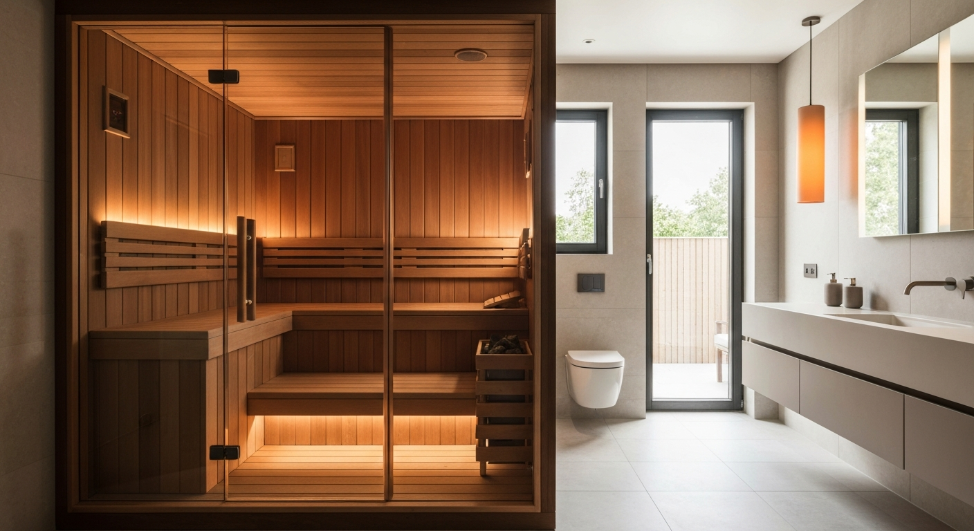 A beautiful home wellness room featuring a modern wooden sauna