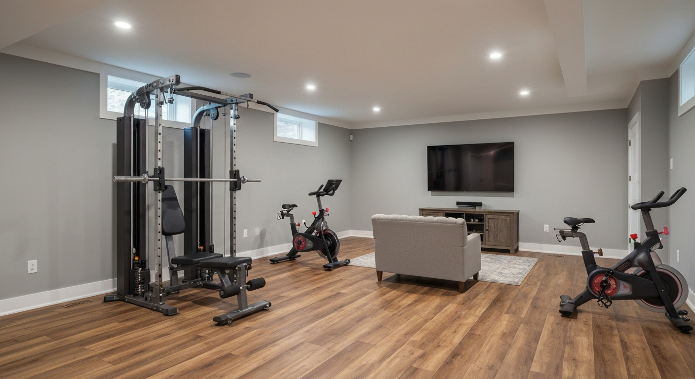 A beautifully finished basement flex space in a modern home
