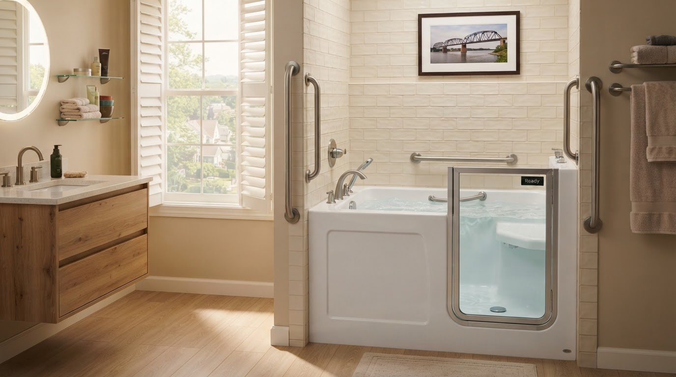 Walk-in tub with sealed door and grab bars in a Quad Cities aging-in-place bathroom
