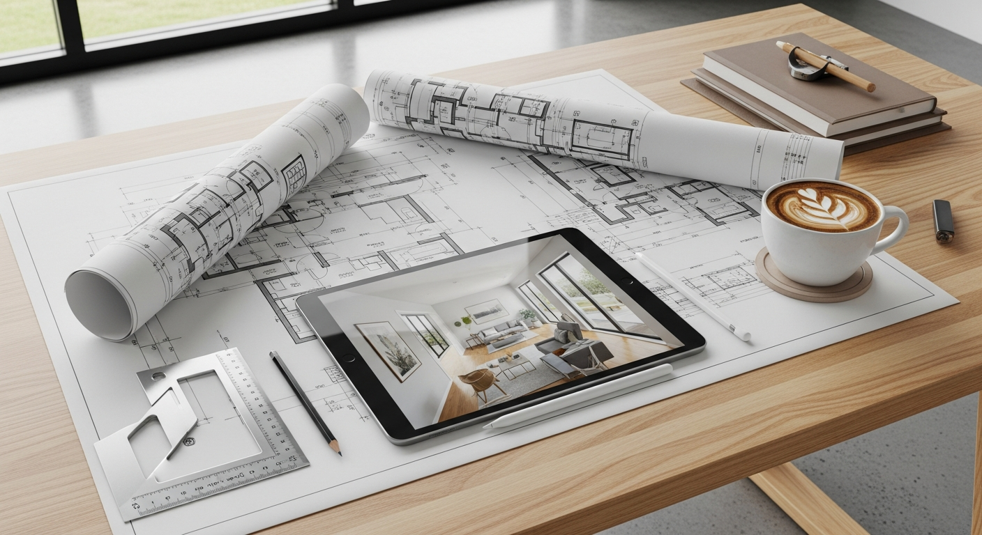 Architect desk with blueprints