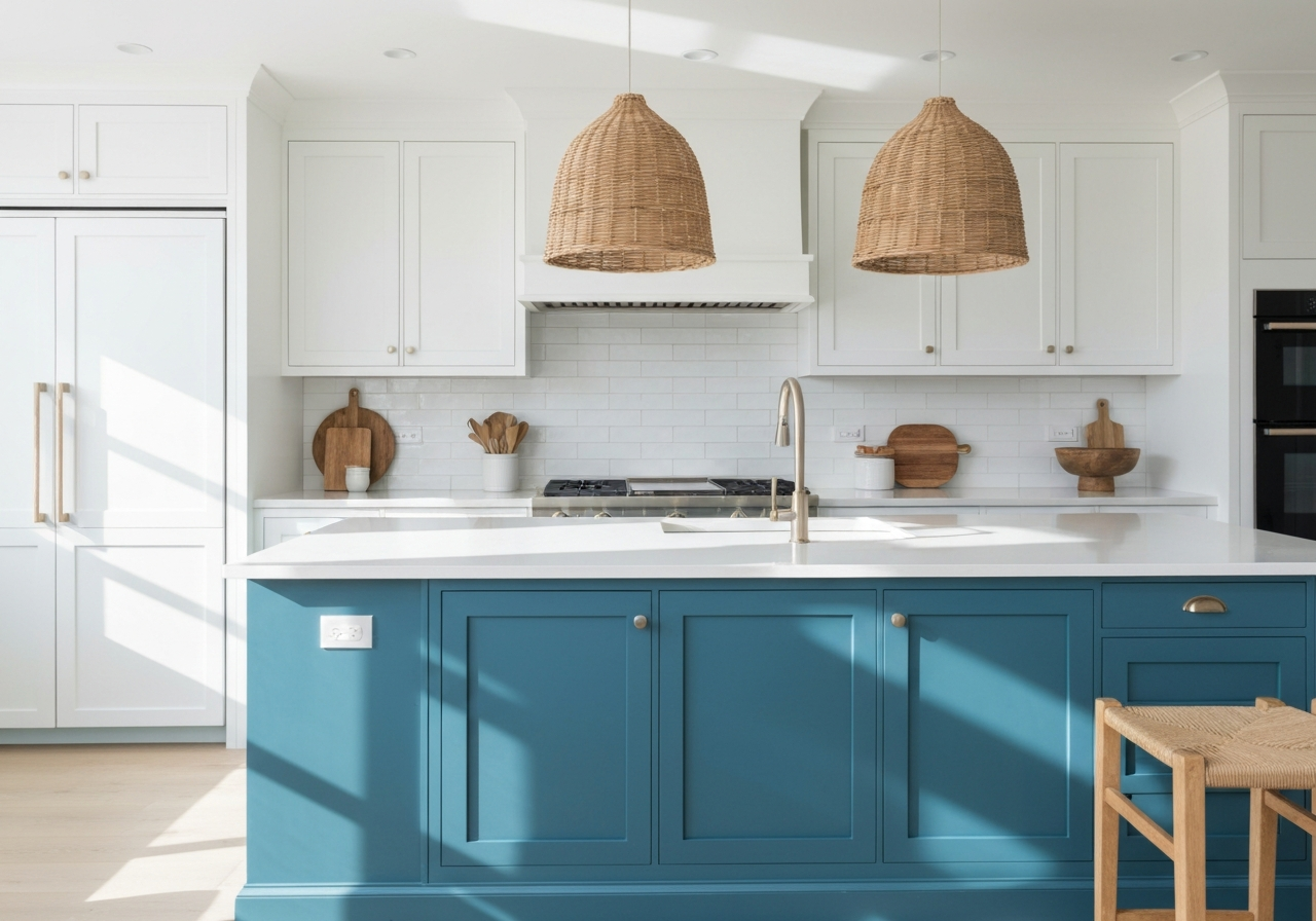 Coastal blue-green island kitchen