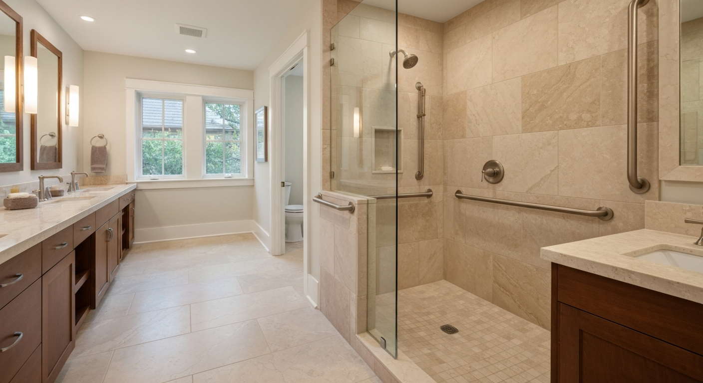 A luxurious aging-in-place universal design bathroom with curbless shower