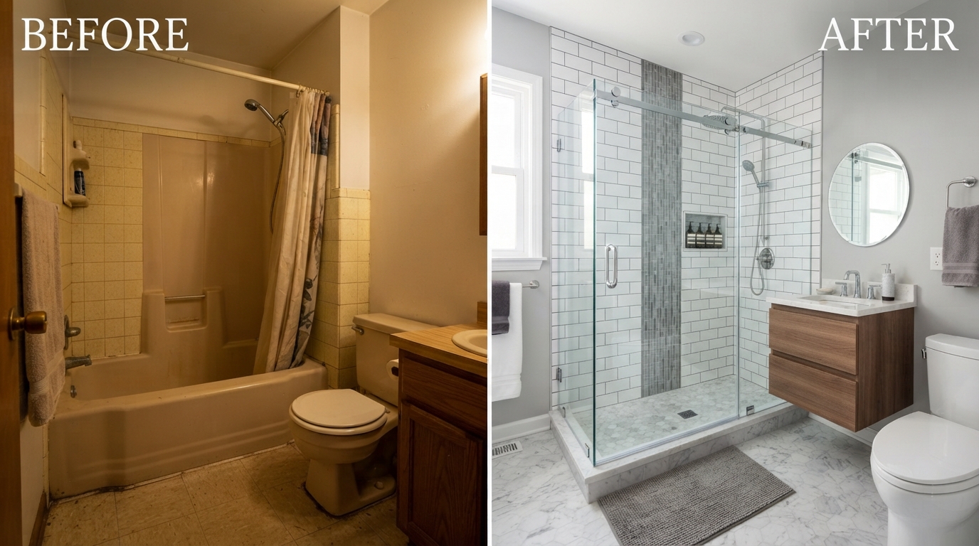 Tub-to-shower conversion in a small 5x8 bathroom in a Bettendorf Iowa home