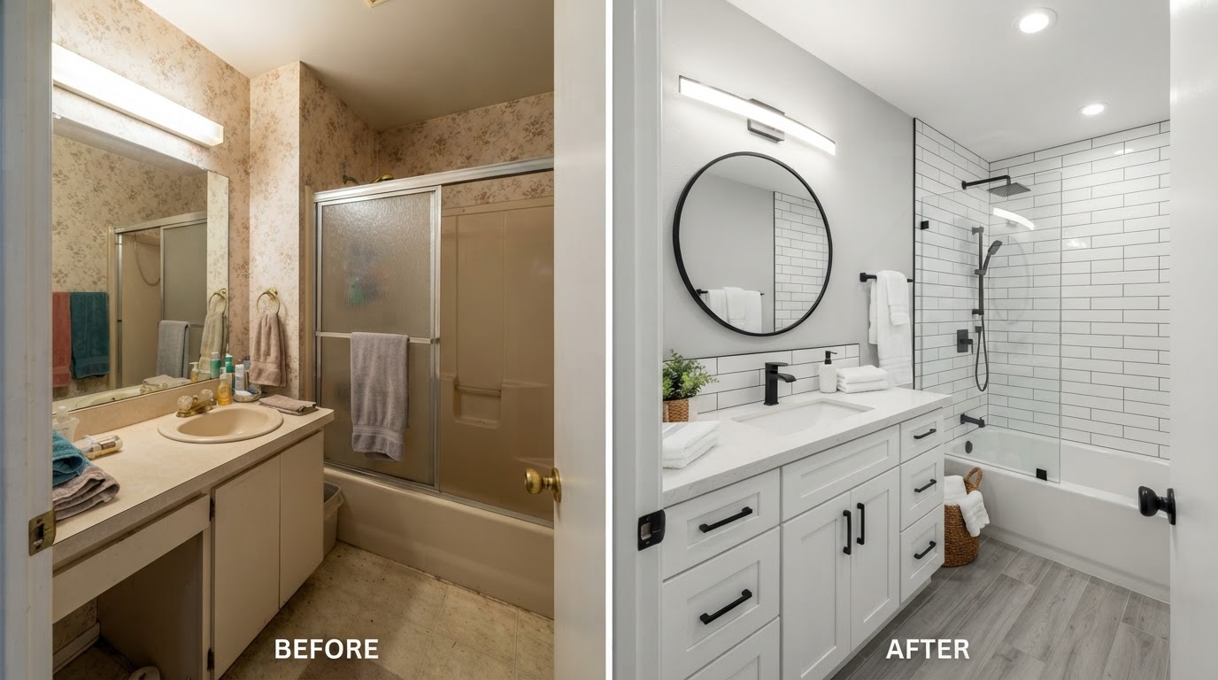 Before and after comparison of an outdated 1990s bathroom and a renovated midrange bathroom in the Quad Cities