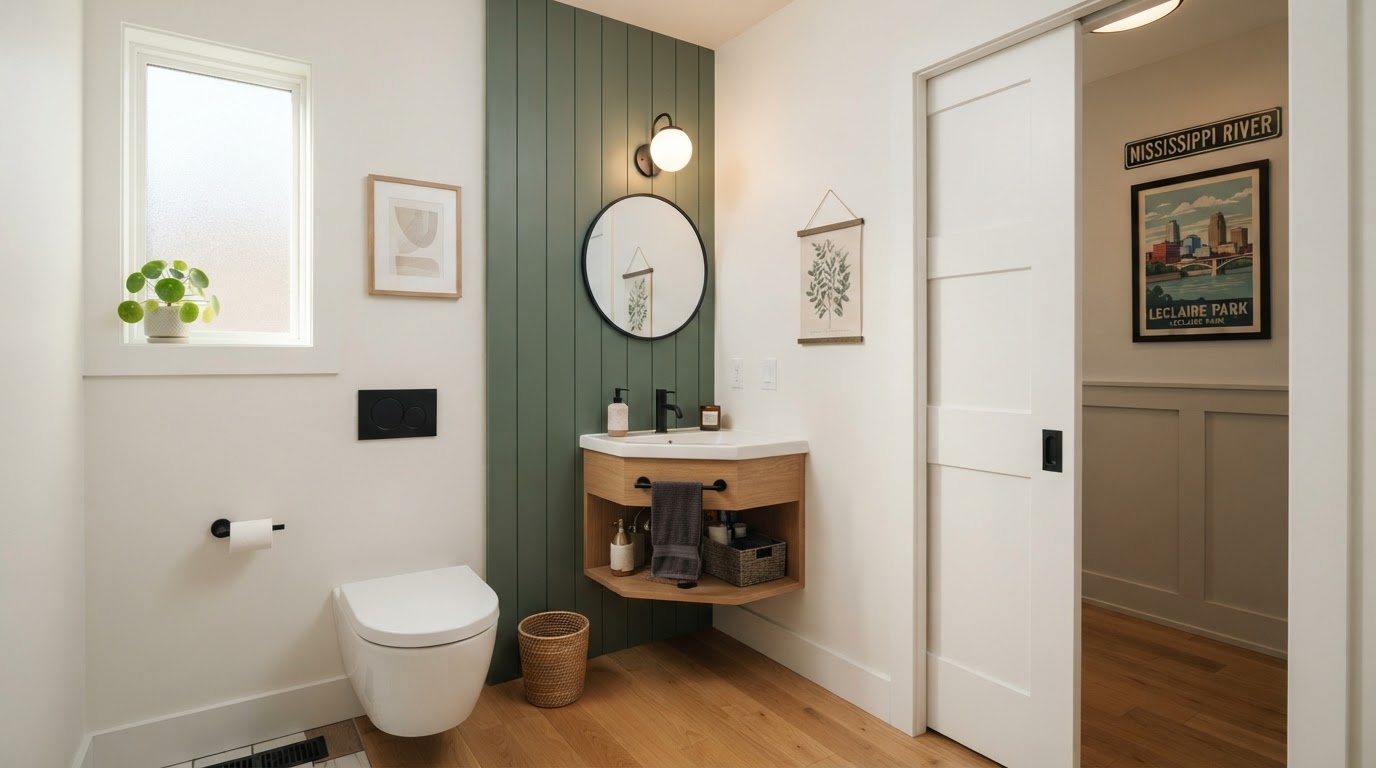 Compact half bath remodel in a Davenport Iowa home with corner sink and vertical shiplap