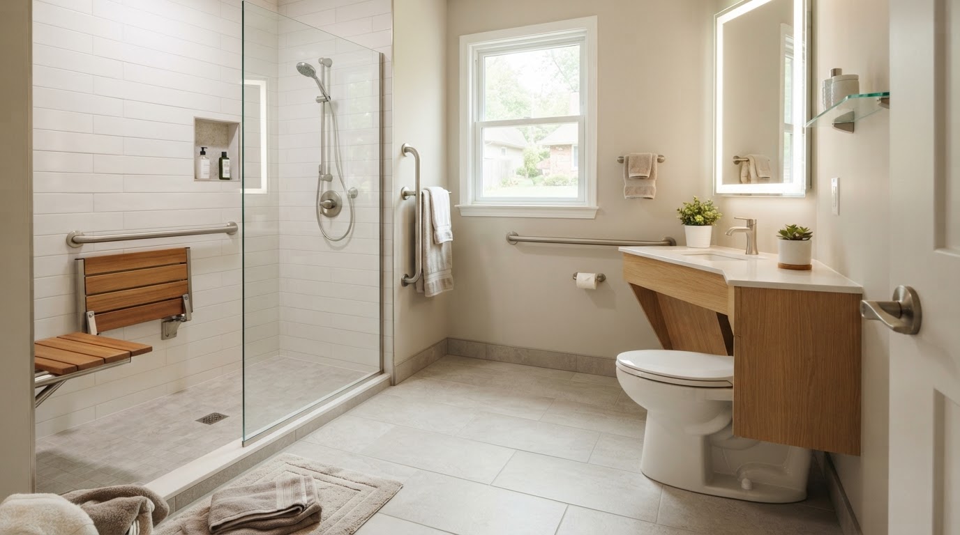 Accessible aging-in-place bathroom with curbless walk-in shower and grab bars in a Quad Cities home