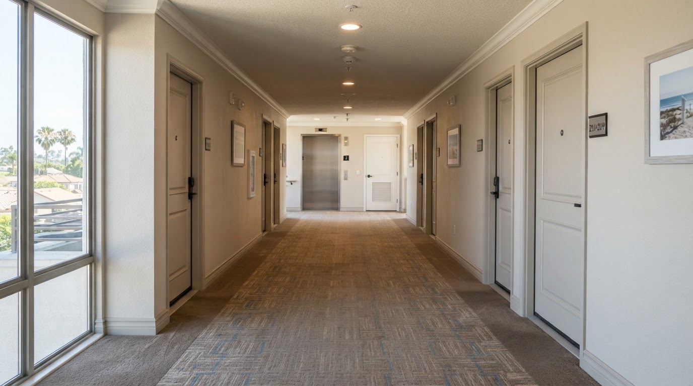 Apartment common-area hallway carpet in a San Diego multifamily property