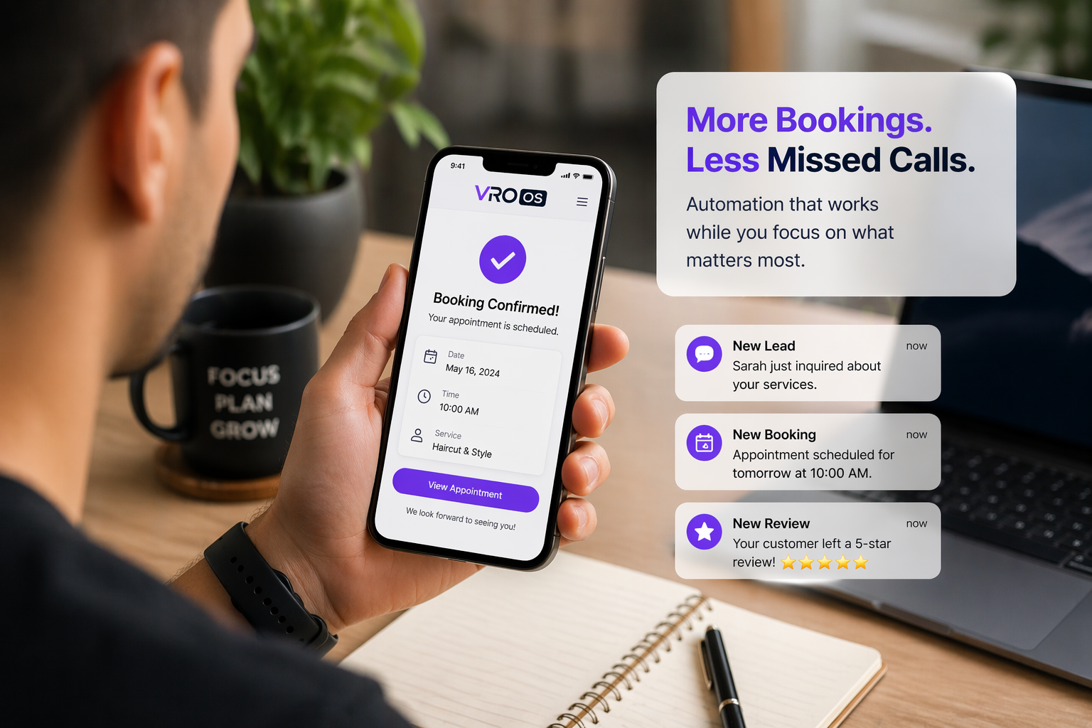 Small business owner smiling at new booking on phone