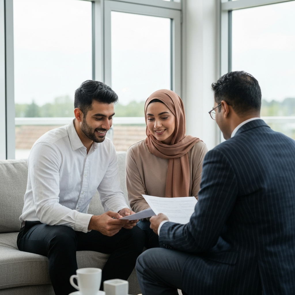 Young Muslim couple discussing Sharia-compliant home finance with a professional advisor