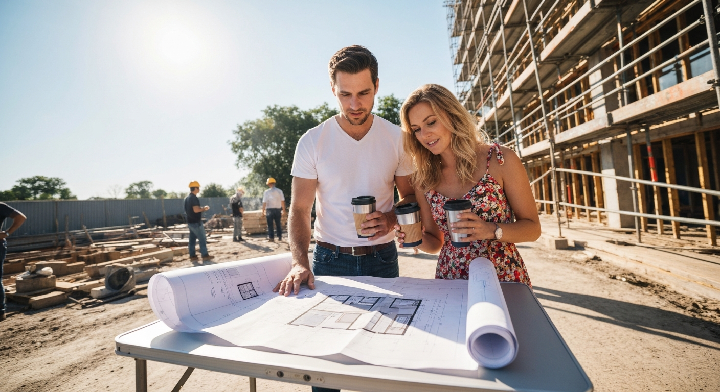 Couple reviewing architectural blueprints