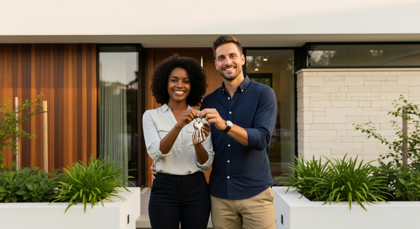Happy couple celebrating moving into their new home with keys