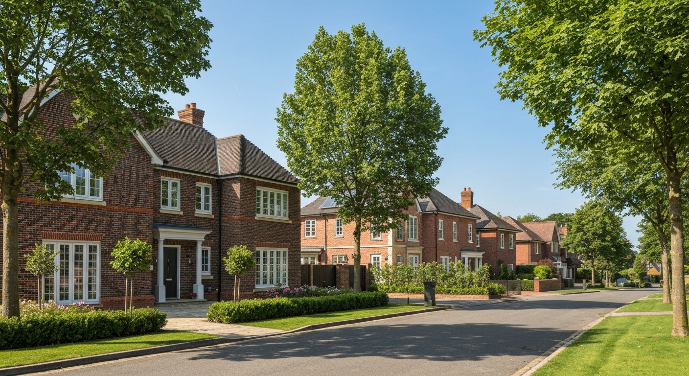 Affluent UK suburban houses on a tree-lined street