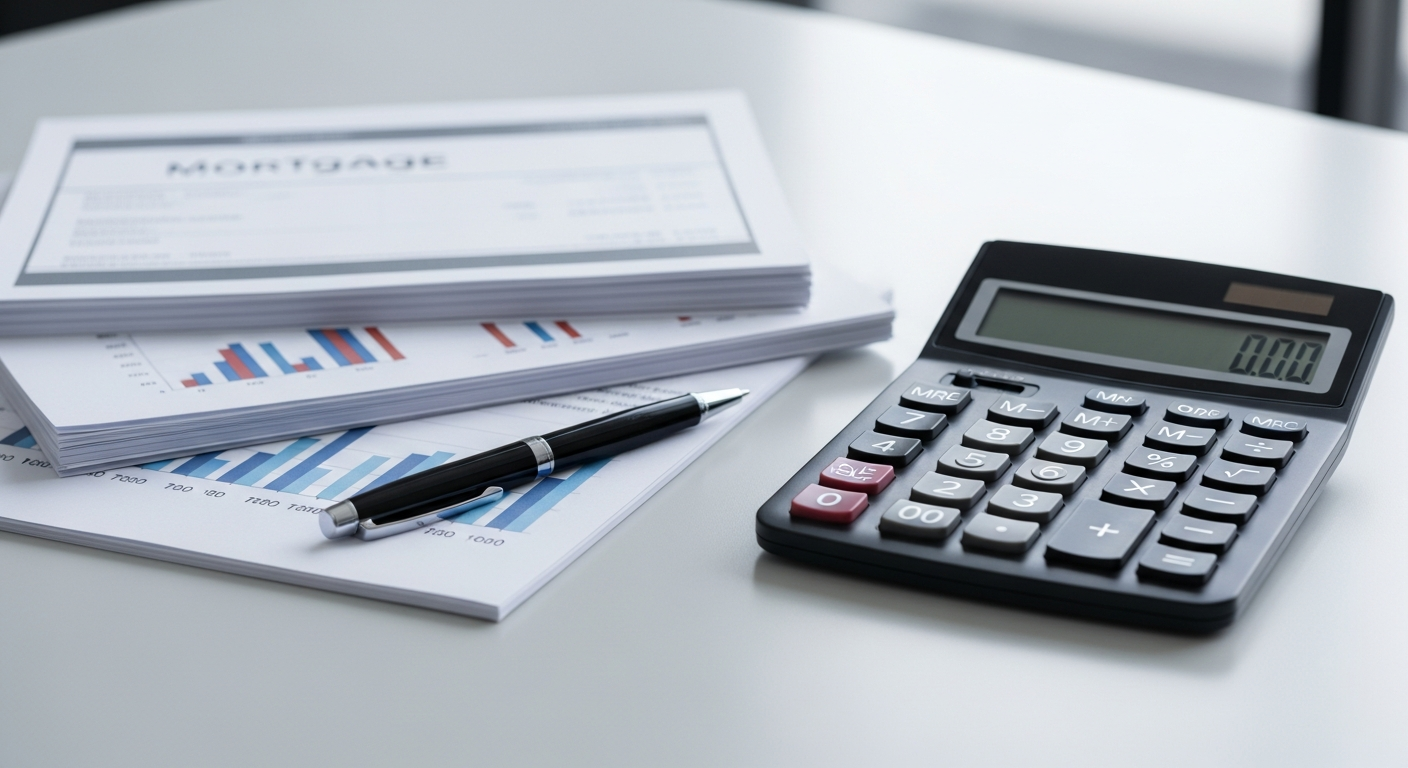 Financial documents and calculator representing interest-only mortgage planning