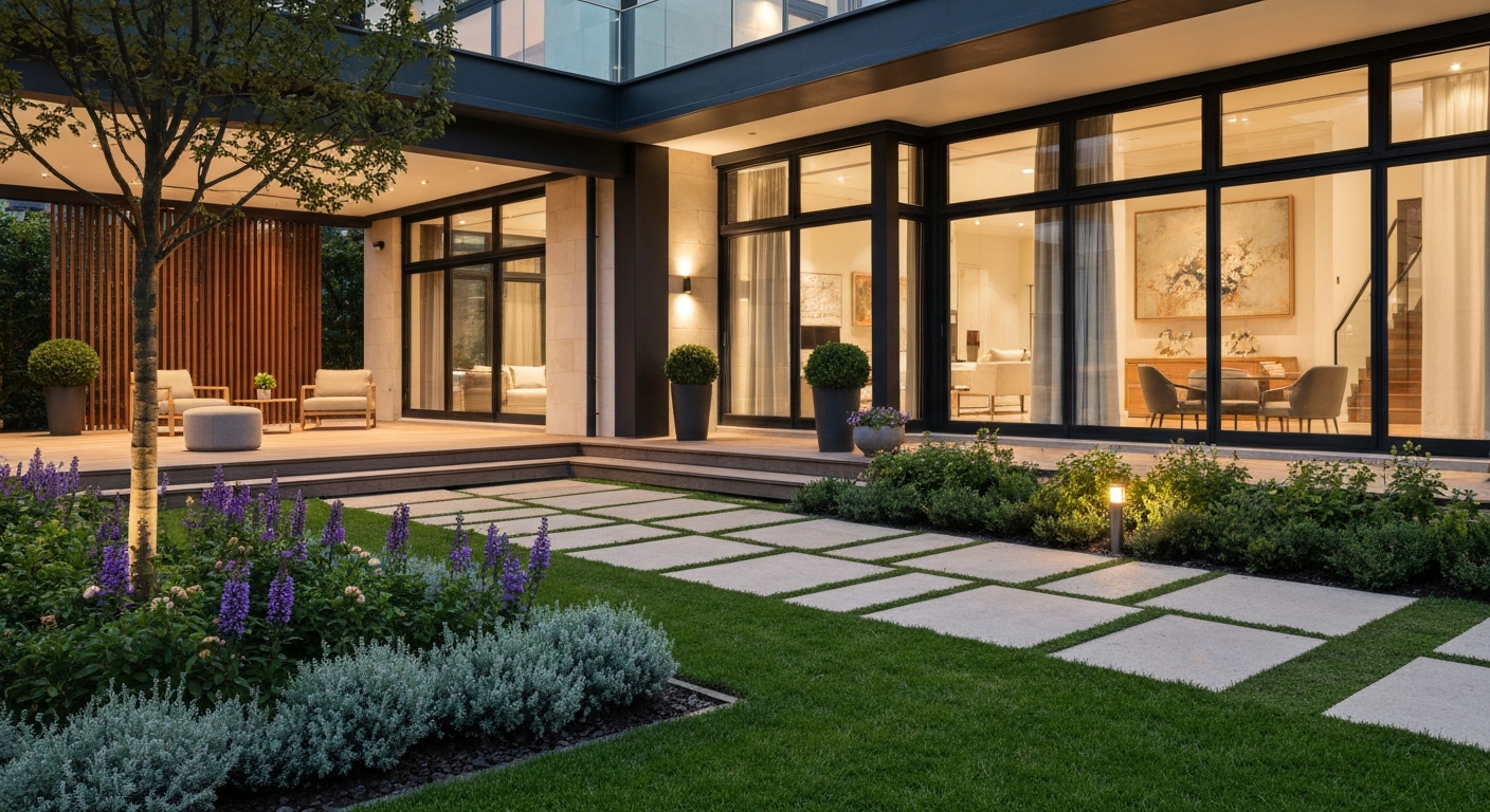 Beautiful modern house exterior with a well-kept garden