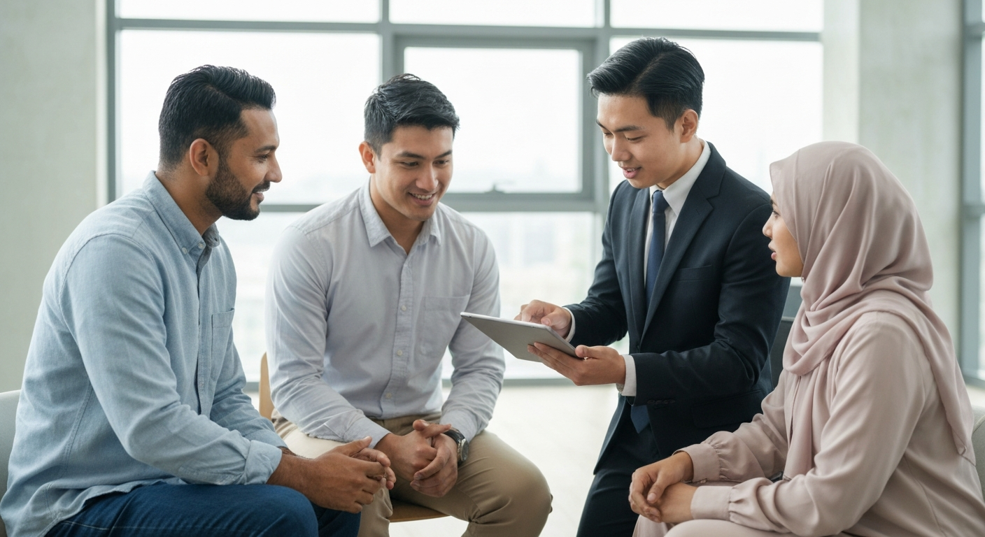 Diverse couple discussing Sharia-compliant home finance with an advisor