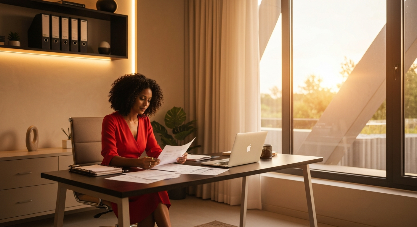 Expat professional looking at documents