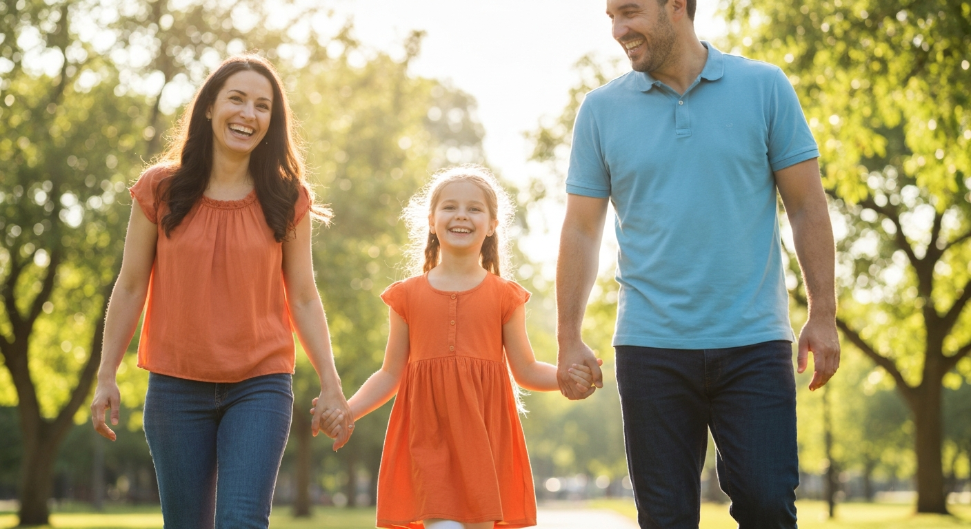 Happy family walking together in a sunny park