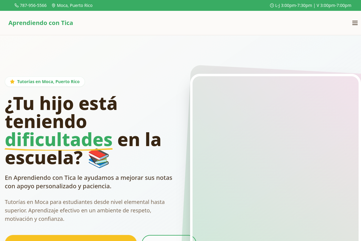 Captura del sitio web de Aprendiendo con Tica, Educación · Tutorías