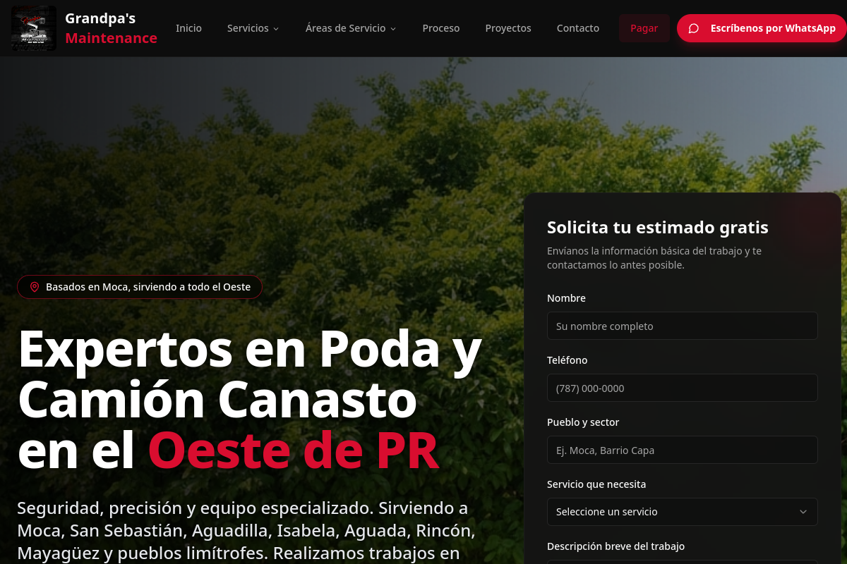 Captura del sitio web de Poda y Canasto PR, Servicios · Poda