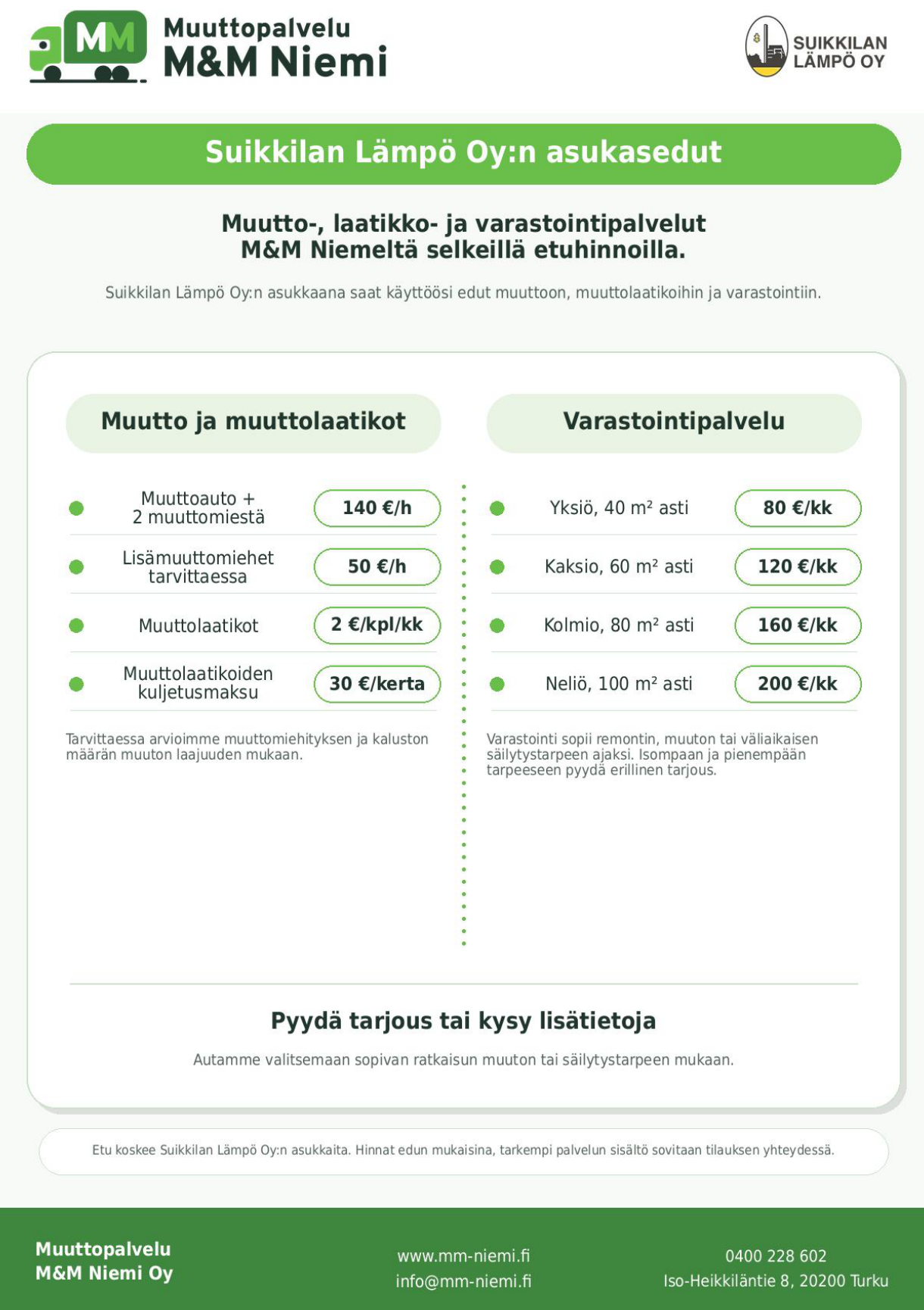 Suikkilan Lämpö Oy:n ja SKH:n asukasedut – muutto-, laatikko- ja varastointipalvelut edullisin etuhinnoin