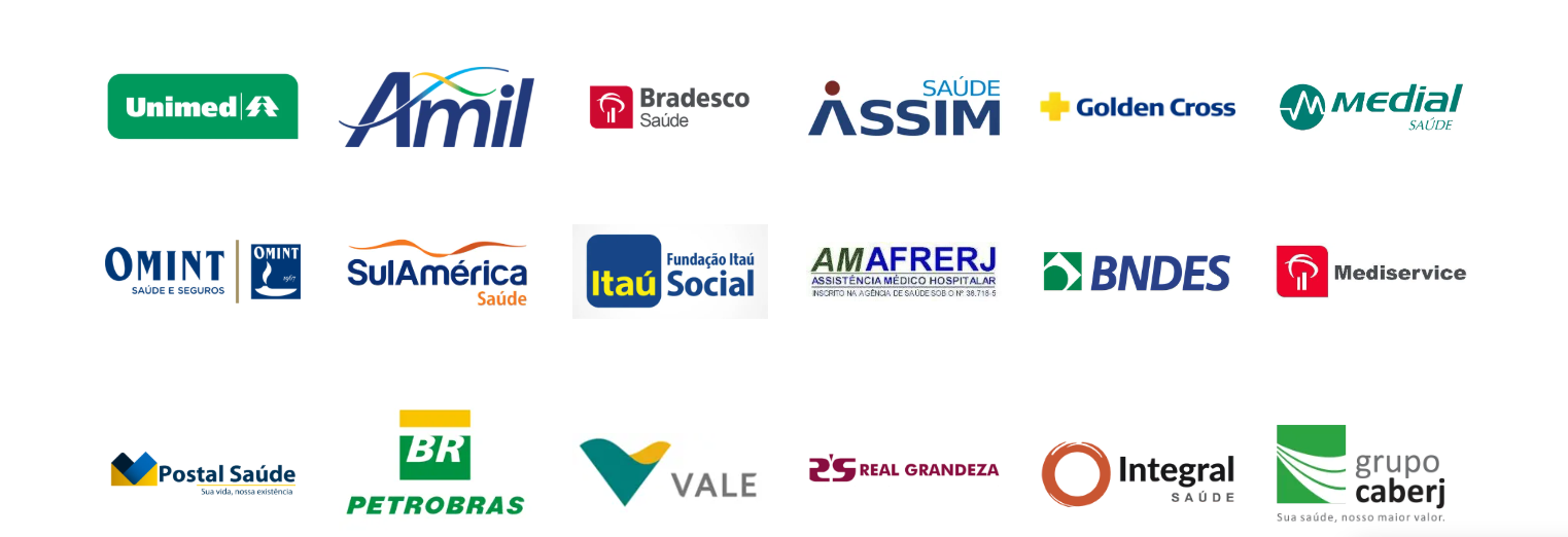 Logos dos Convênios Atendidos: Unimed, Amil, Bradesco, SulAmérica e outros