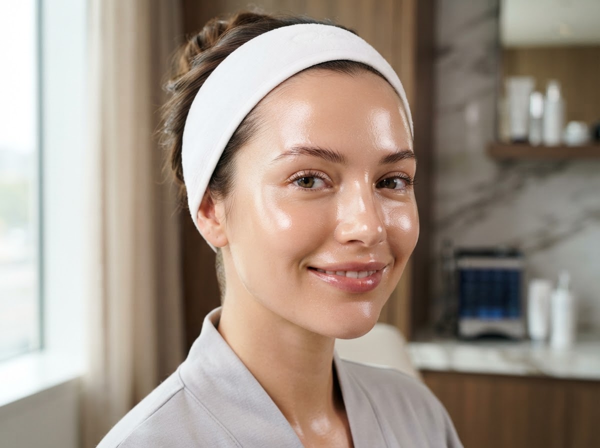 Glowing glass skin results after OxyGeneo facial at Ageless Elegance Med Spa