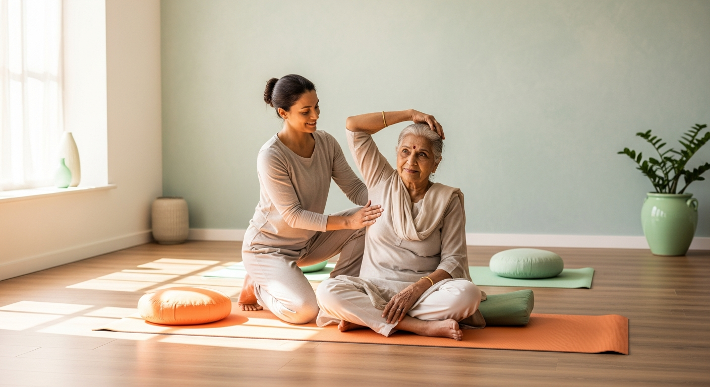 Elderly Indian woman receiving gentle yoga therapy
