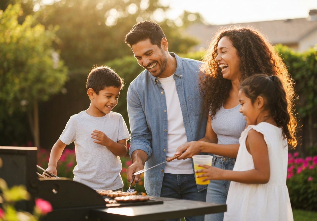 Hispanic family enjoying a backyard BBQ together, building a financial foundation