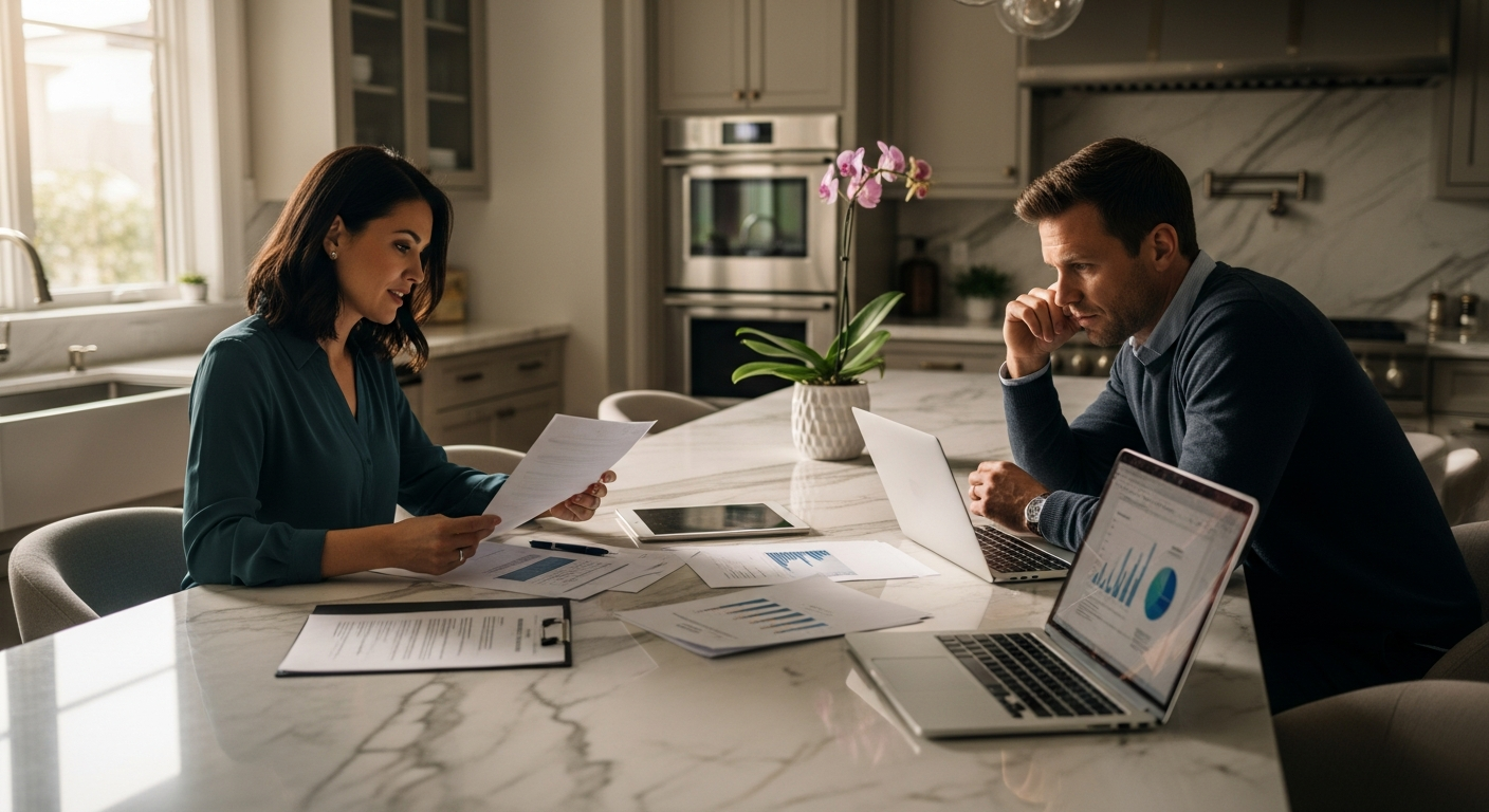 Homeowners reviewing paperwork at a modern kitchen island