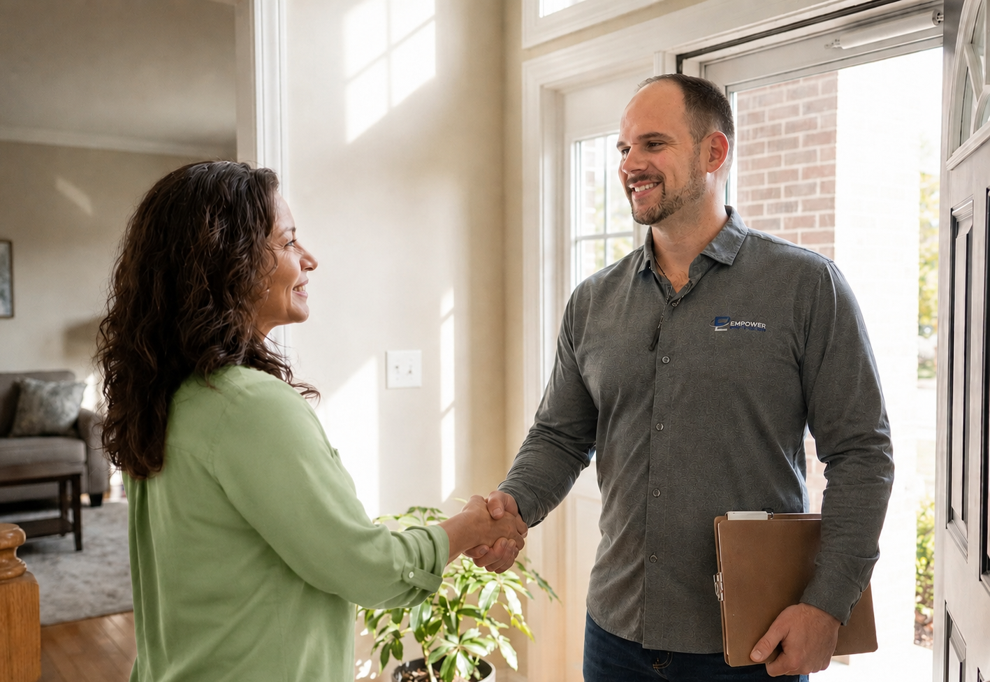 Empower Home Solutions team member meeting with homeowner - professional handshake at front door representing trust and closing
