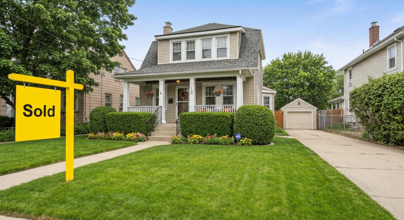 Classic American single-family home with a sold sign