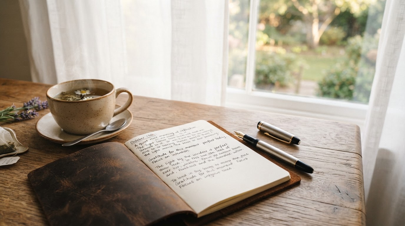An open leather journal, fountain pen, and cup of herbal tea on a natural wood table in soft natural light — a quiet moment for reflection and intentional leadership.