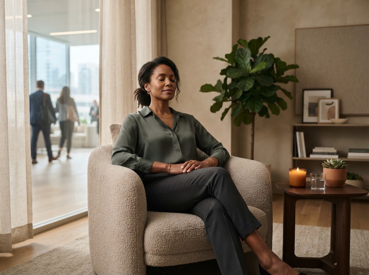 A professional woman sitting calmly in a restorative conference lounge, eyes gently closed, in a peaceful room with soft natural light and plants