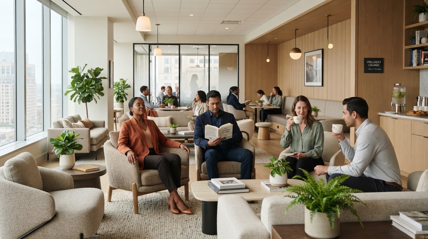 A calming conference wellness lounge with comfortable seating, soft natural light, greenery, and diverse professionals relaxing during a corporate leadership conference