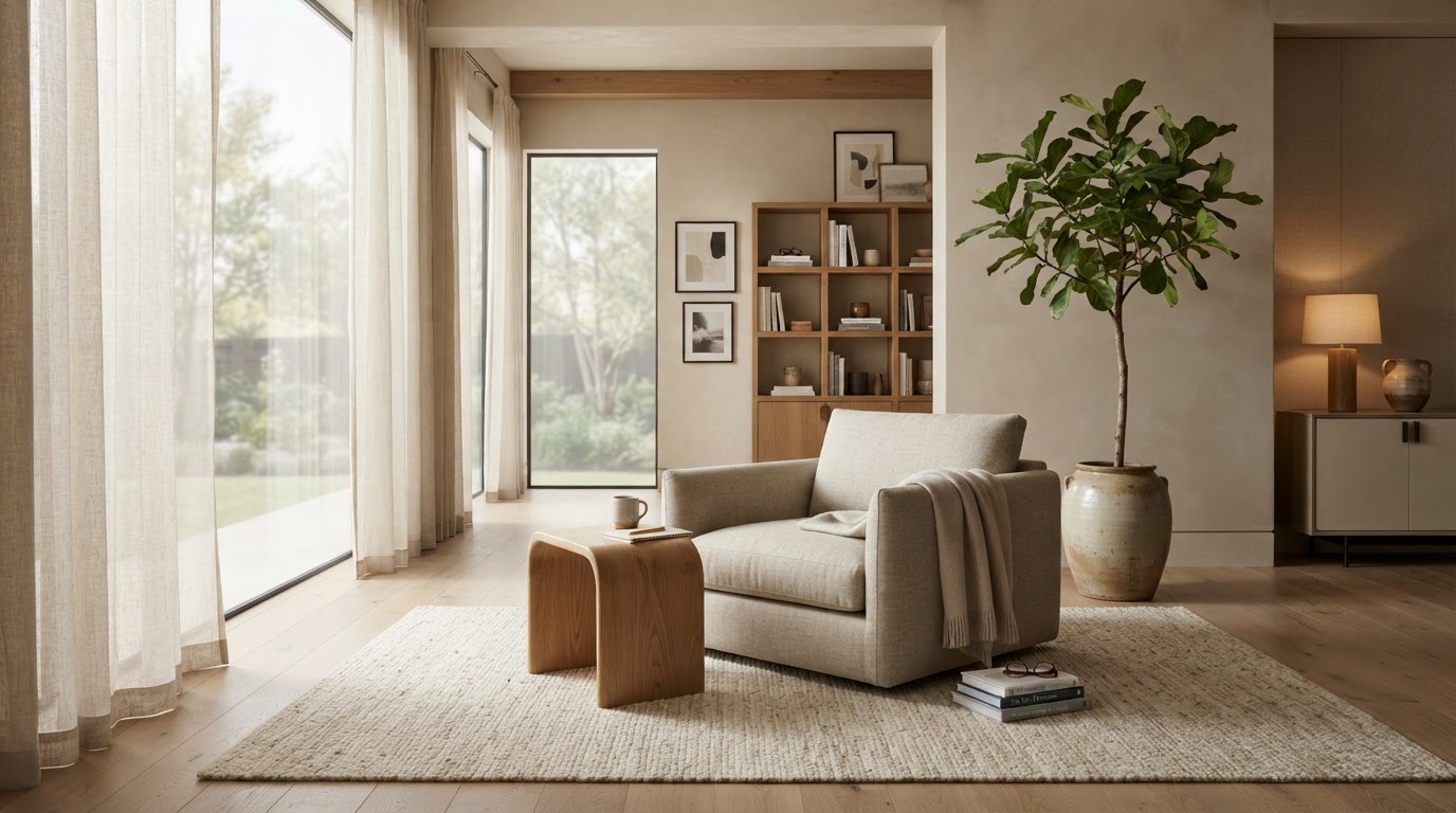 A serene, sophisticated leadership development lounge with soft natural light, comfortable seating, and subtle greenery — a restorative space for reflection and growth.