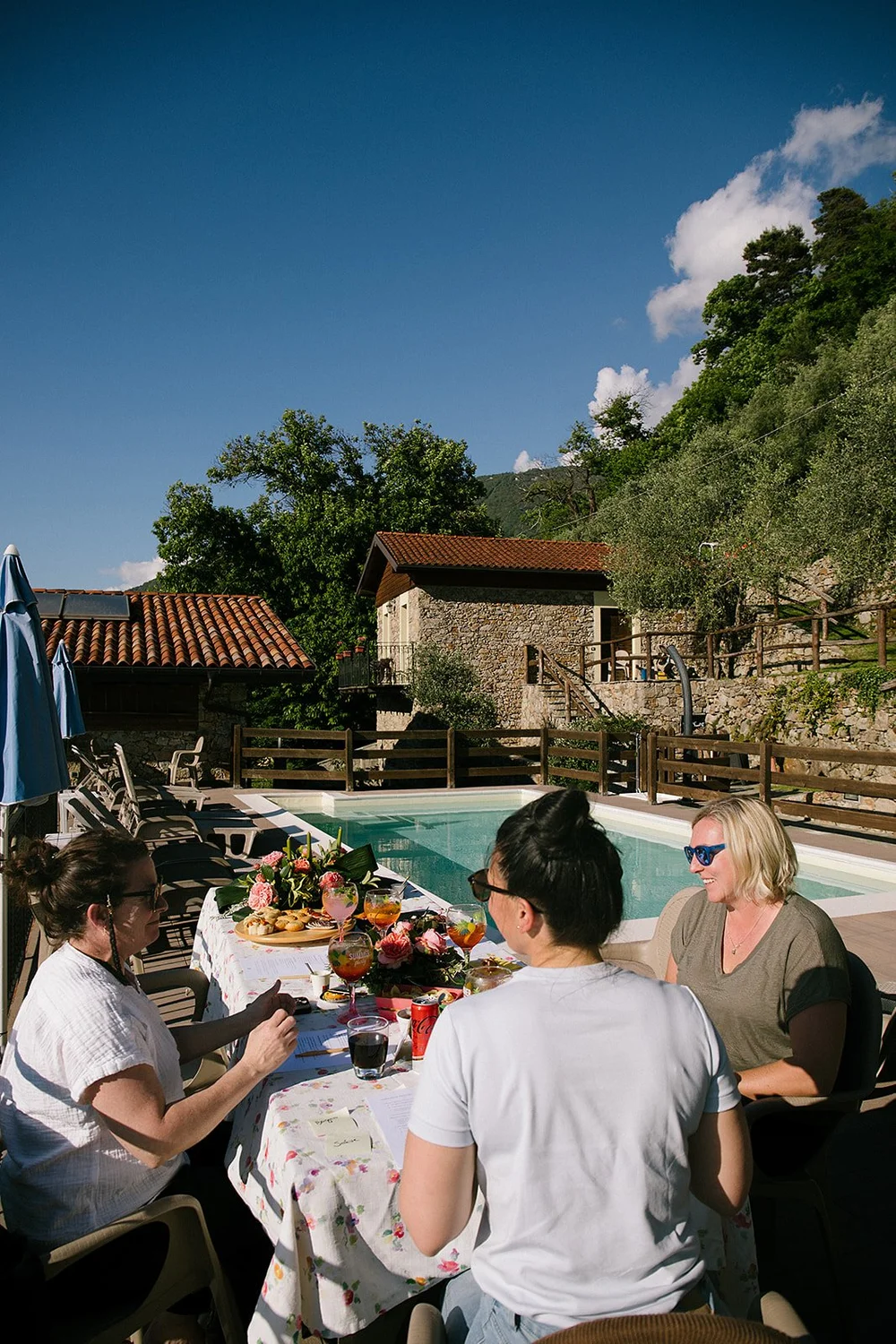 Women at table by pool