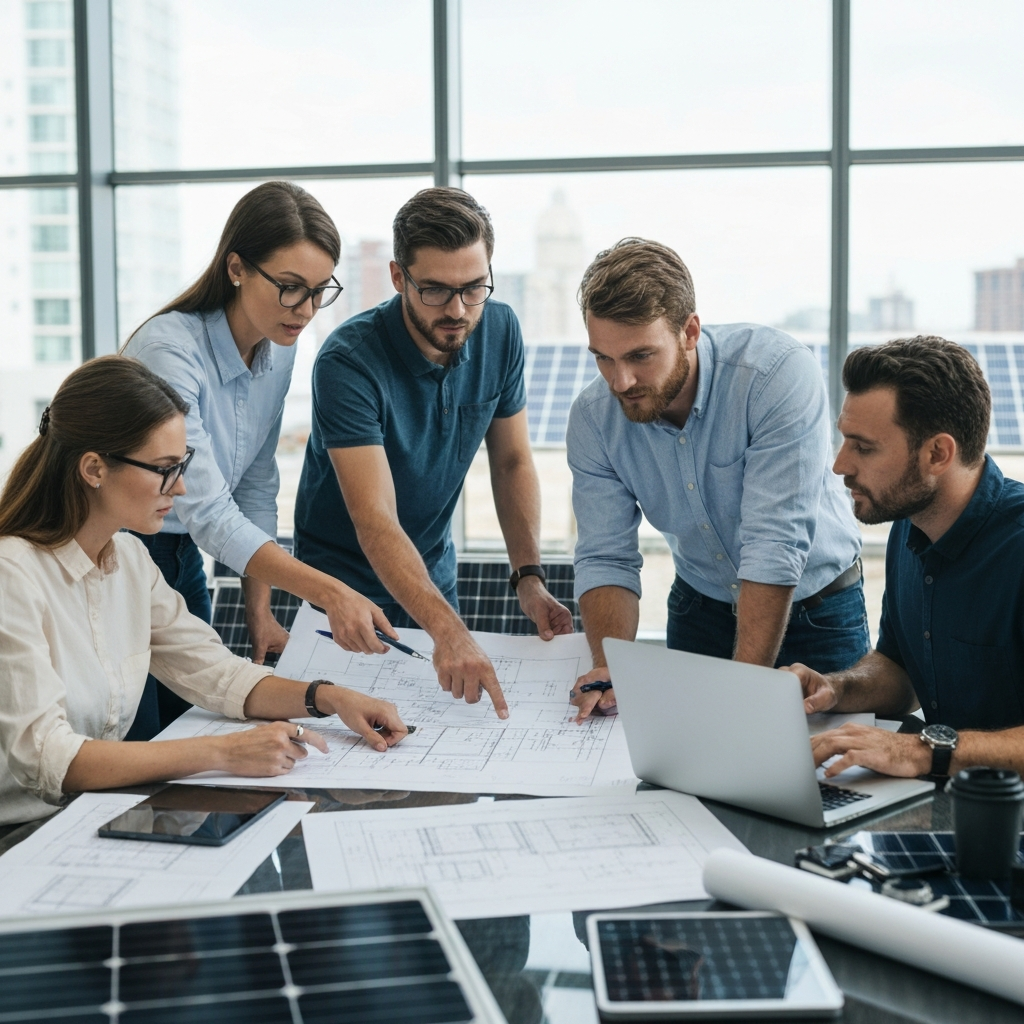 Engineers designing solar panel system
