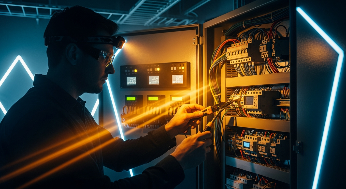 Professional Electrician working on a modern electrical panel