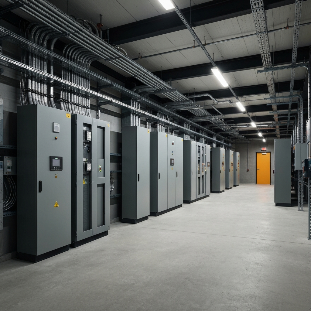 Commercial electrical room with clean conduit runs