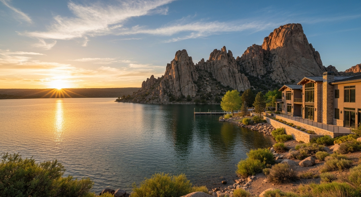 Sunset over Watson Lake with rocky formations and modern homes, highlighting Prescott's natural beauty and outdoor lifestyle.