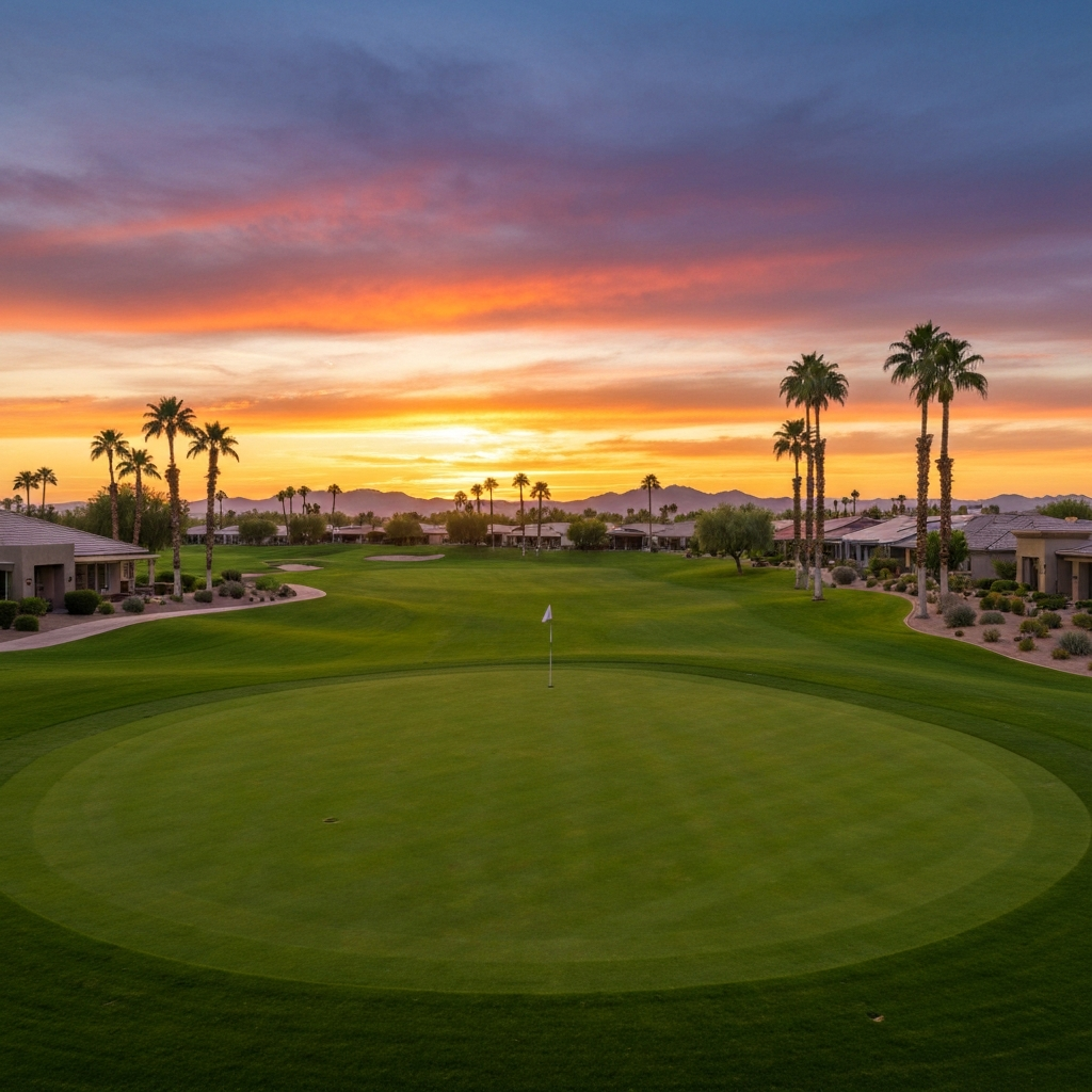 Sunset over Sun City's golf course, with palm trees and homes, highlighting the active adult lifestyle in Arizona.