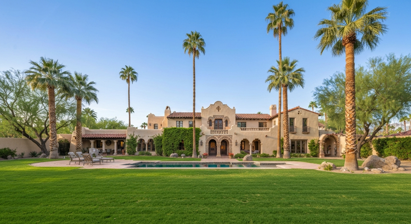 Luxury Mediterranean-style home in Litchfield Park with palm trees, pool, and expansive green lawn, ideal for resort-style living.