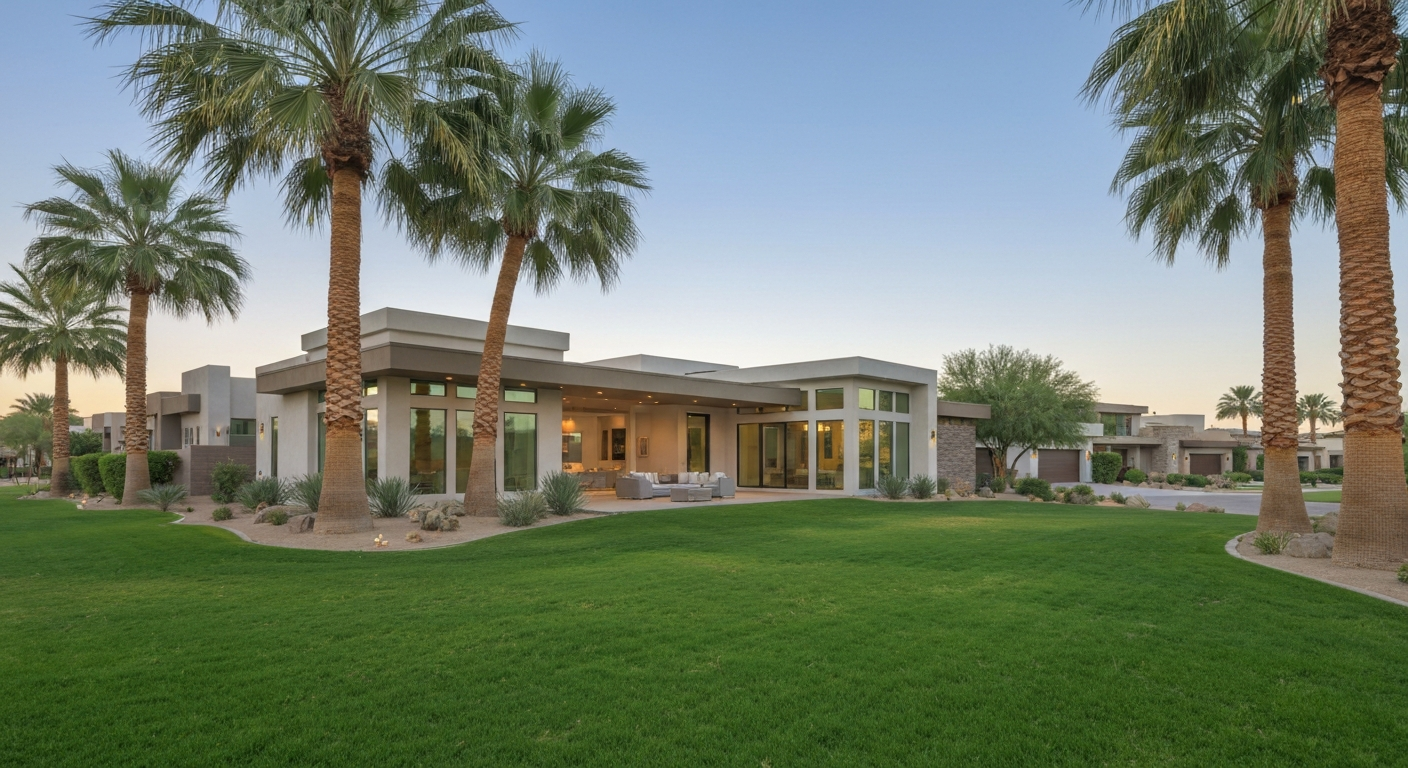Luxury home in Litchfield Park with modern architecture, palm trees, and lush green landscaping, ideal for upscale living.
