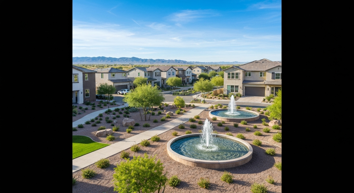 Modern homes in a master-planned community with fountains and desert landscaping, showcasing Mesa's vibrant living environment.