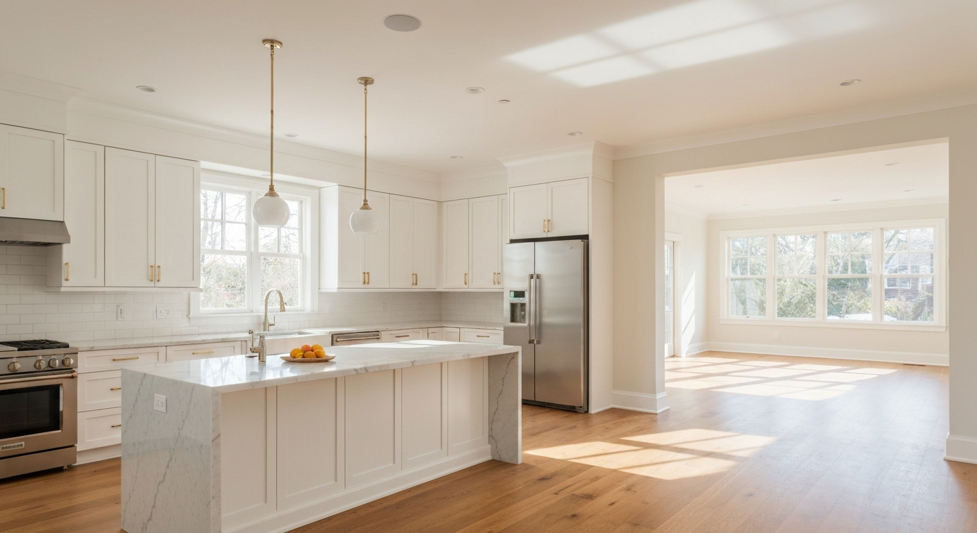 Modern kitchen with white cabinetry and marble island, showcasing renovation potential for maximizing home value in Phoenix.