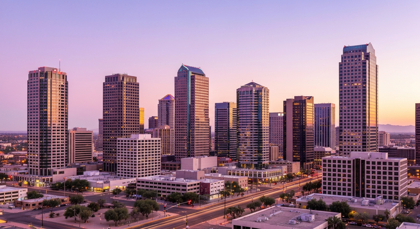 Downtown Phoenix skyline at sunset, showcasing high-rise buildings and vibrant city life, a hub for real estate opportunities.