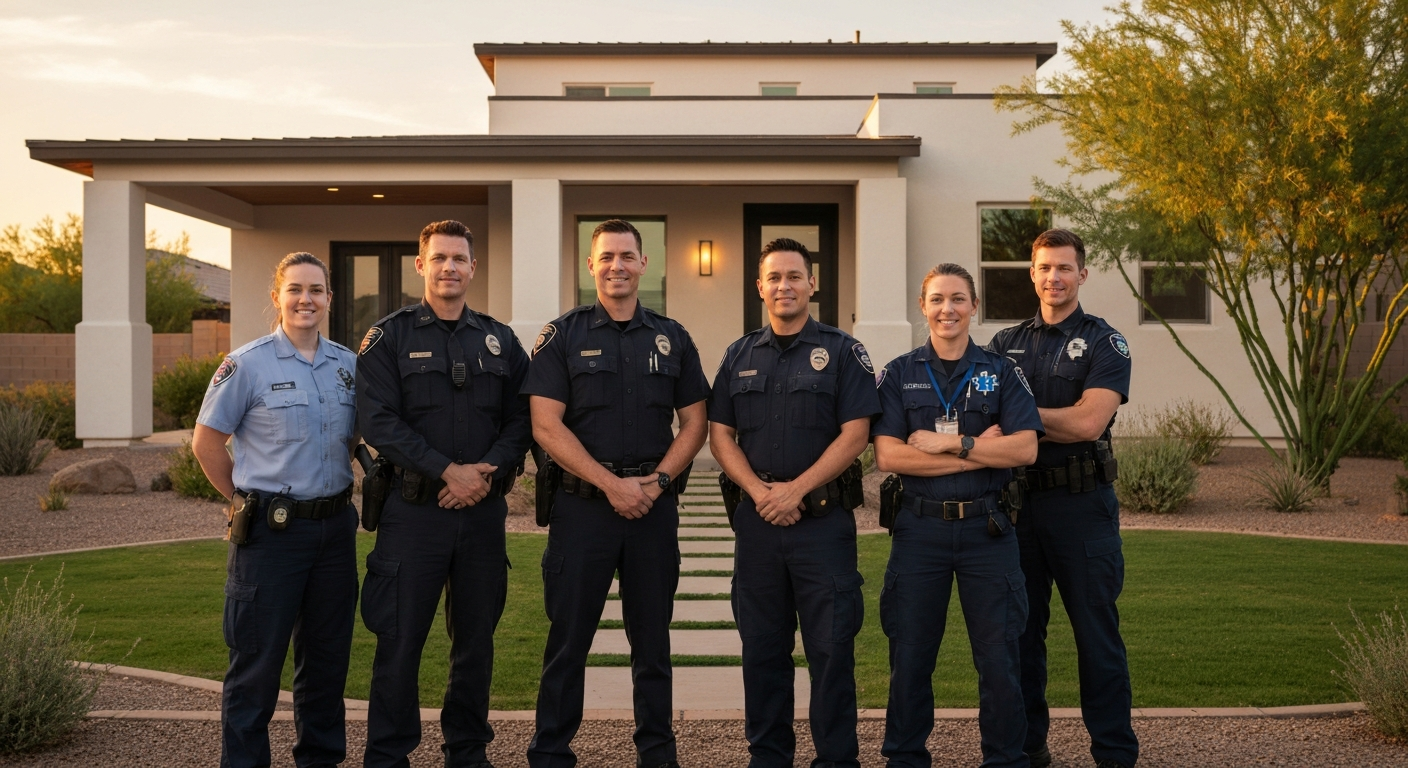 Group of first responders in uniform standing in front of a modern home, promoting the Rewarding Heroes program for Arizona's heroes.